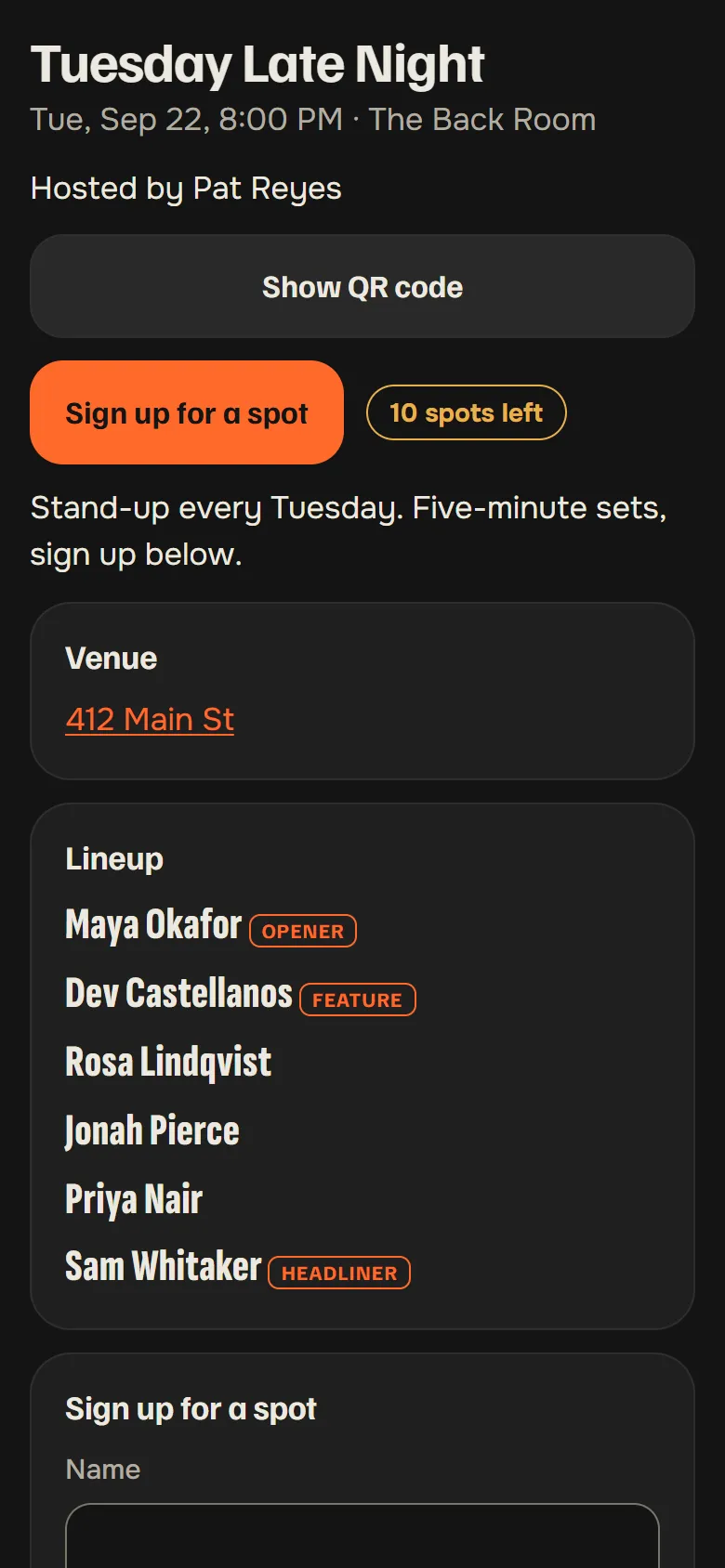 A runmygig event page on a phone: the Gig title, venue, start time and host, a sign-up button with the spots left, and the lineup with Opener, Feature and Headliner tags.