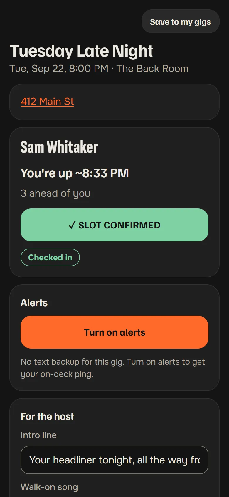 A performer's My Slot page on a phone: their name, a projected start time and how many acts are ahead, their slot confirmed and checked in, and a button to turn on alerts.